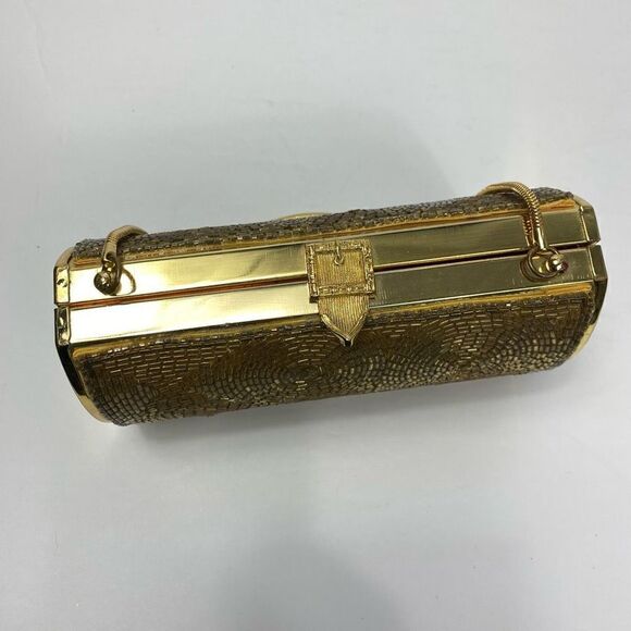 Vintage Gold Art Deco Circle Pattern Beading Buckle Detail Chain Strap Clutch - Picture 3 of 7